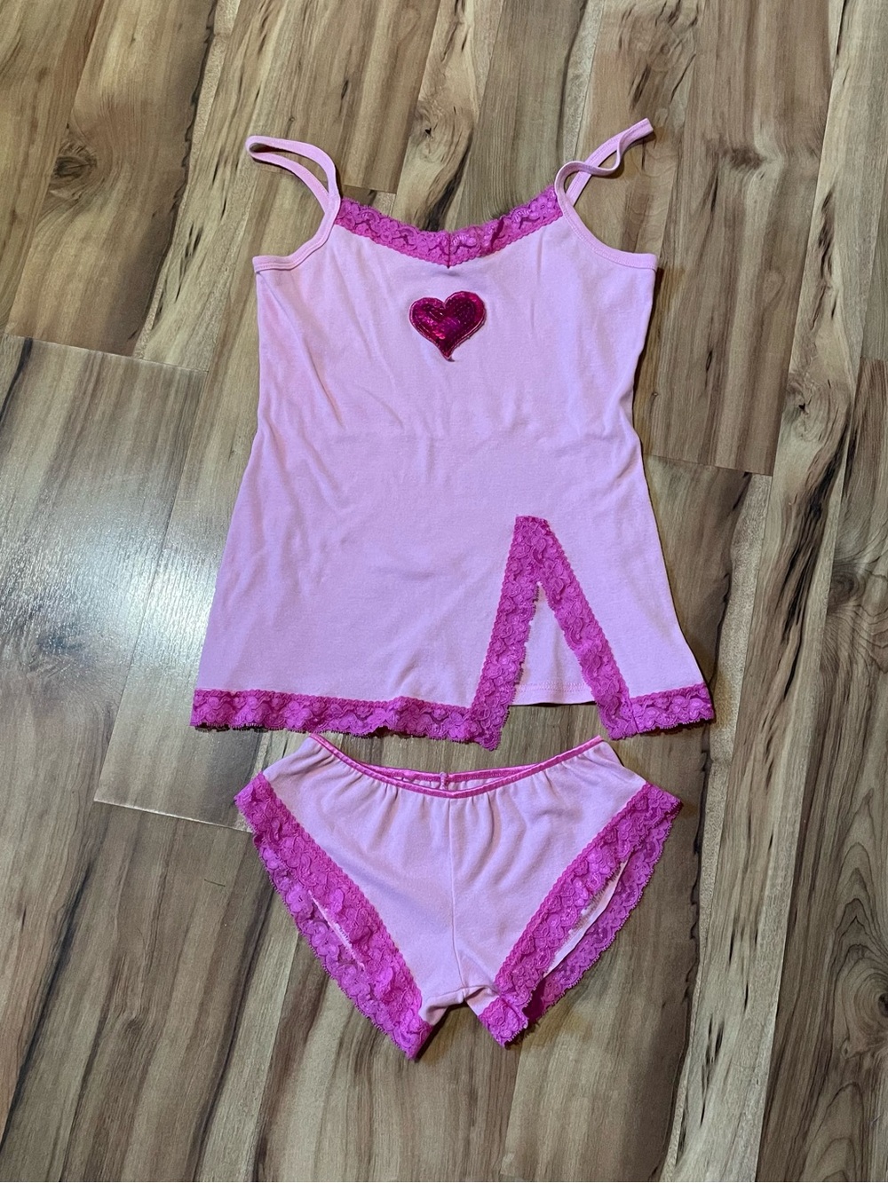 Y2K N&C Pink Cami & Shorts Lounge Set Hot Pink Lace Trim Sequin Heart Sz M